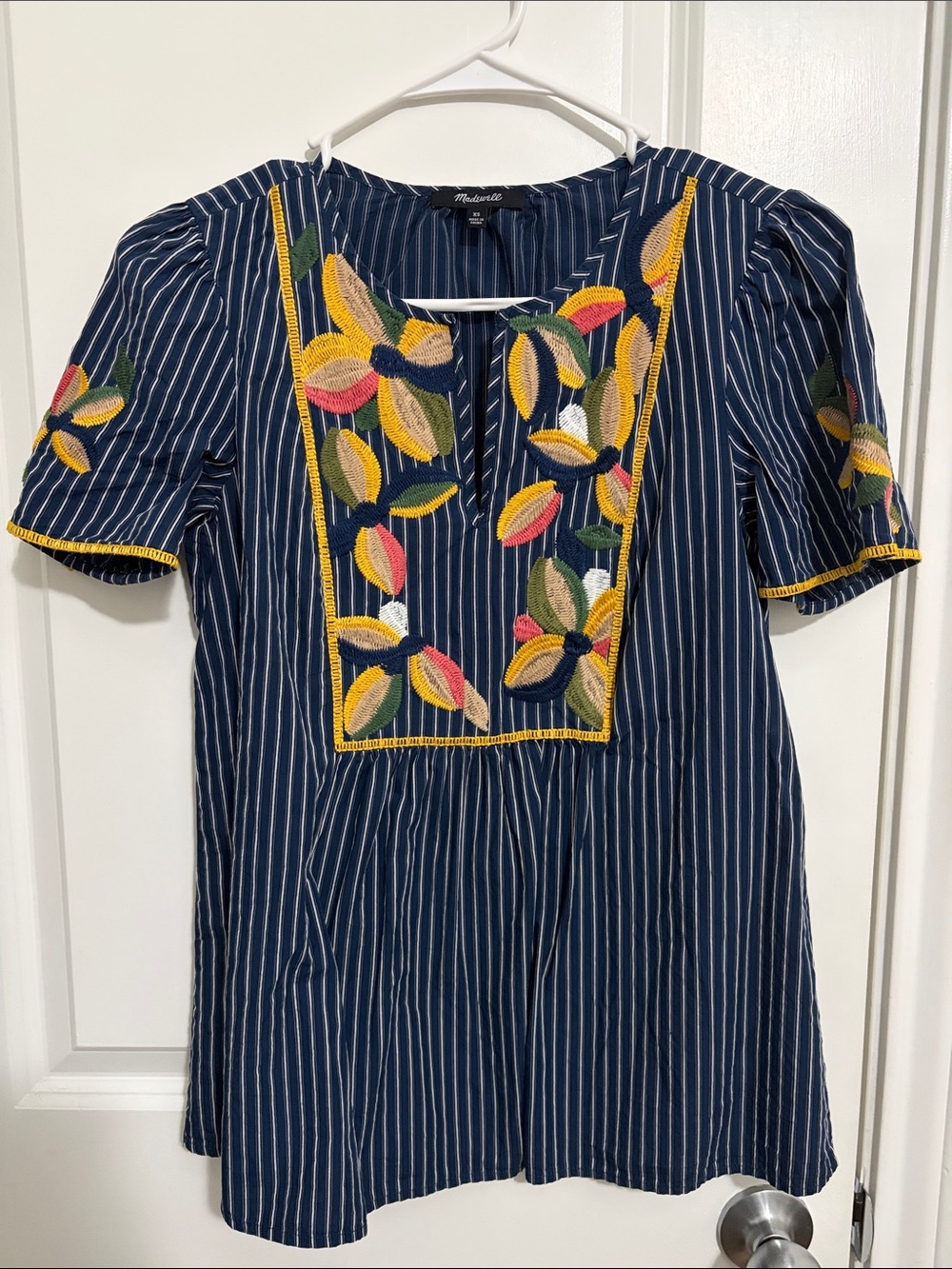 Meadow Rue Navy Pinstripe Tunic Top with Yellow & Multicolor Embroidery